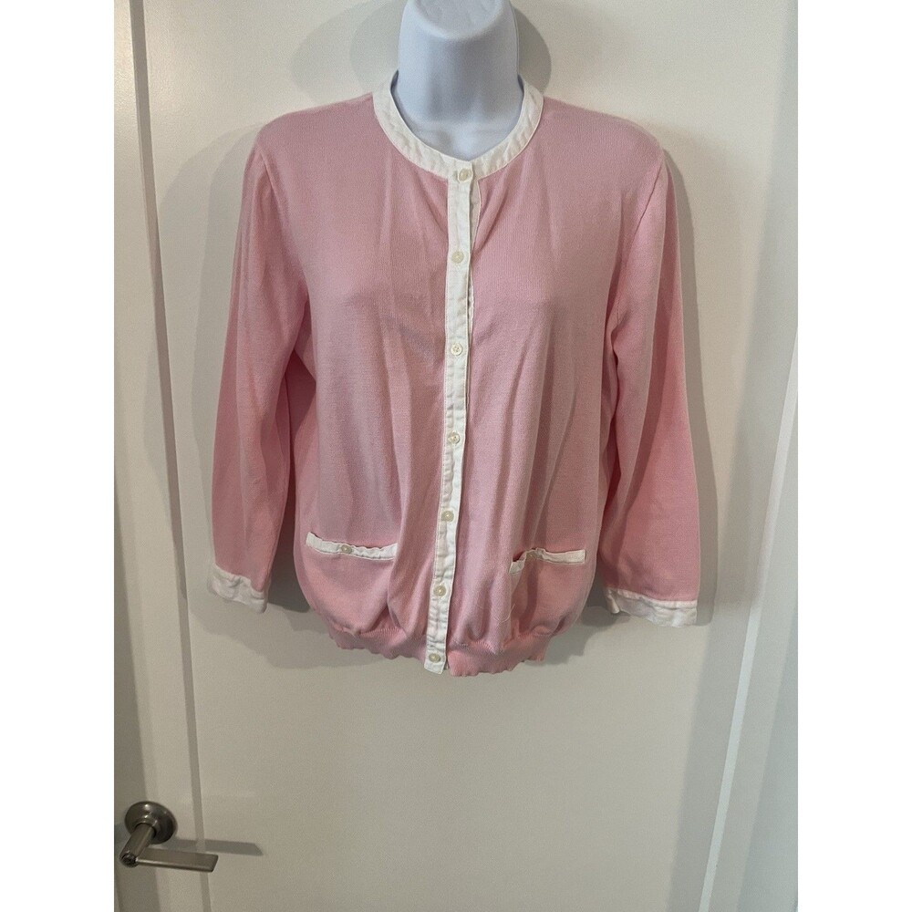 Lauren Ralph Lauren Pink White Contrast Trim Cotton Cardigan Preppy Classic M